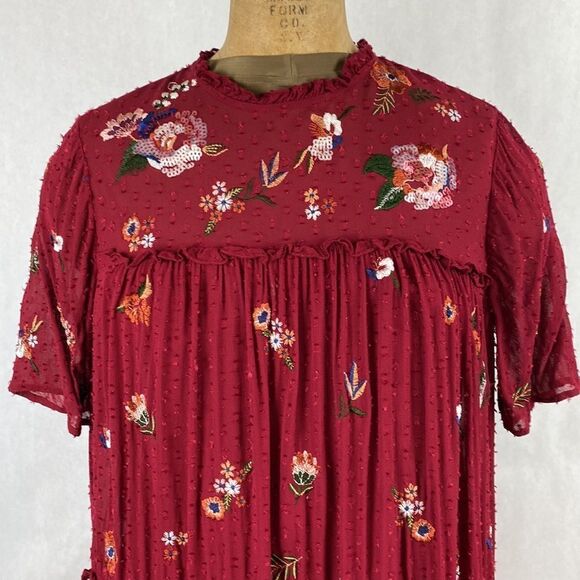 Zara Woman Floral Sequin Dress Embroidered Swiss Dot Burgandy Red Small - Picture 2 of 13